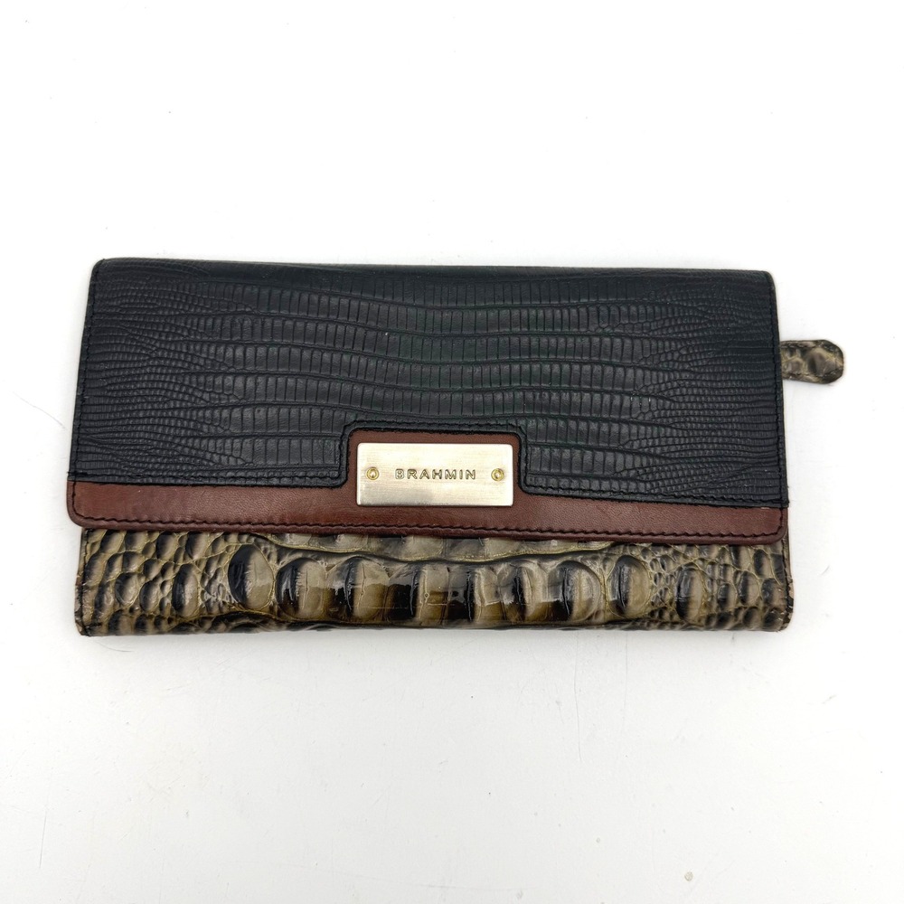 Brahmin Wallet Black Brown Croc Lizard Embossed Tri-Fold Checkbook Leather